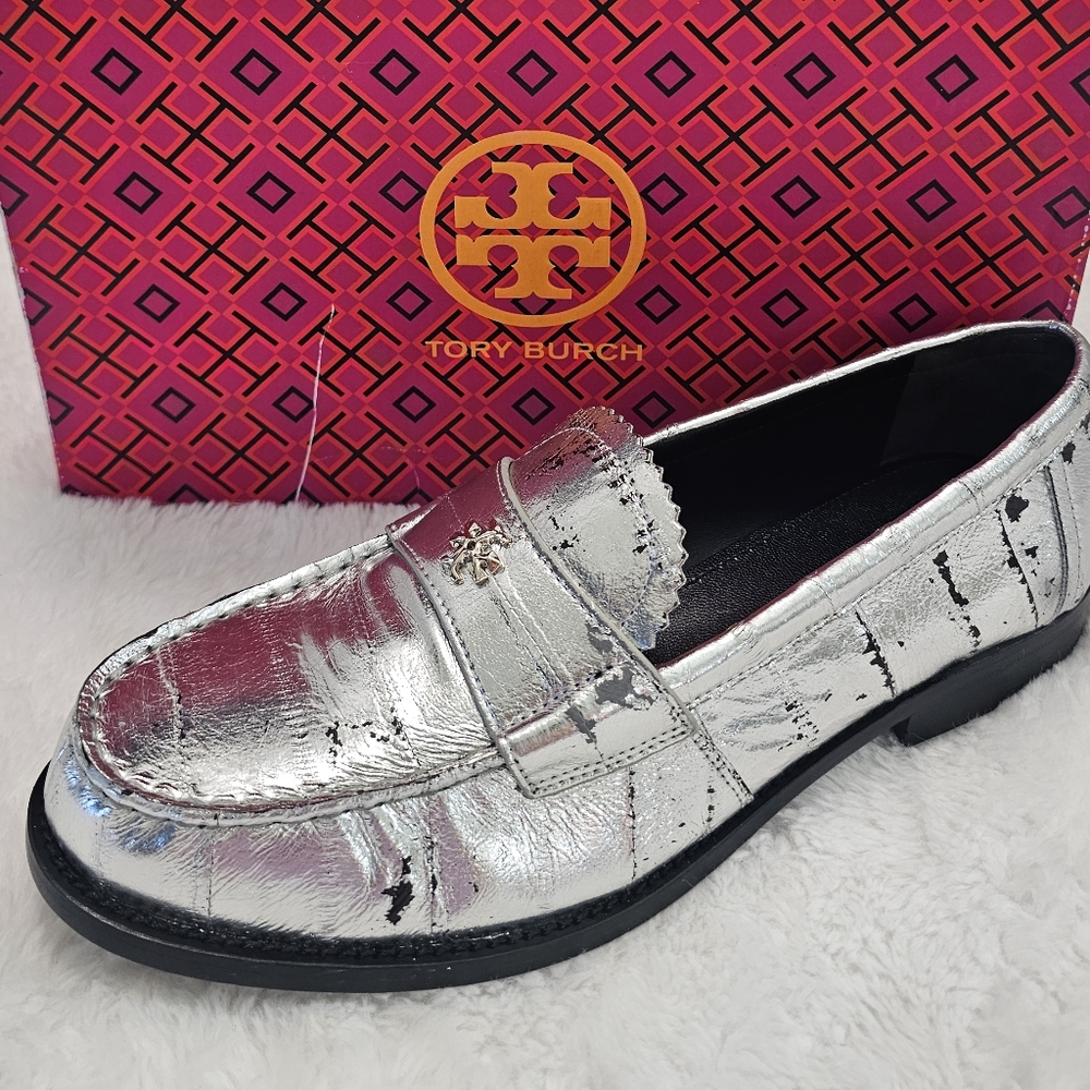 NWT Tory Burch Women's Classic Loafer Flats Silver Metallic